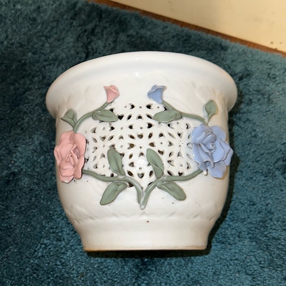 Vintage White Ceramic Large Planter Pink & Blue 3D Floral Design Orchid Planter - Picture 2 of 11